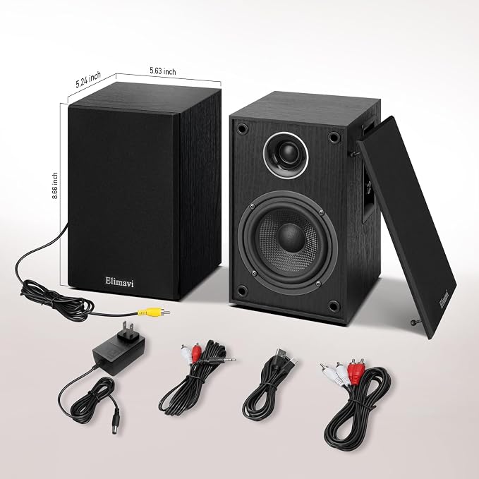 Elimavi Powered Bluetooth 5.3 Bookshelf Speakers - 60W Record Player Speakers with 4" Carbon Fiber Woofer & USB-C/RCA Input, Wooden Monitor Speakers for Turntables, PC, TV, Gaming, Black