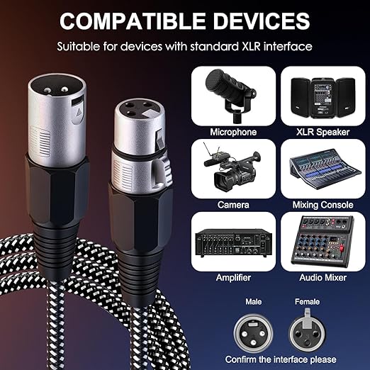 XLR Cable 3 FT/2 Pack, Microphone Cable 3 Pin Nylong Braided Balanced XLR Male to Female Heavy Duty Mic Patch Cords (Pure Copper Conductors)