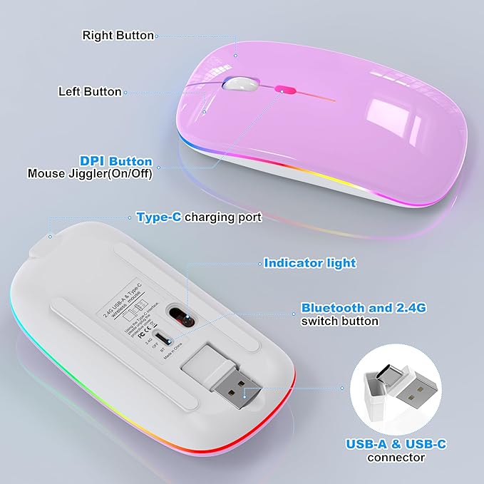 LED Wireless Mouse - RGB Rechargeable Bluetooth Wireless Mouse for MacBook Pro Air Mac iPad PC Laptop, Silent Optical USB C Mice with Jiggler Mouse Mover for Keep Computer Awake - Purple