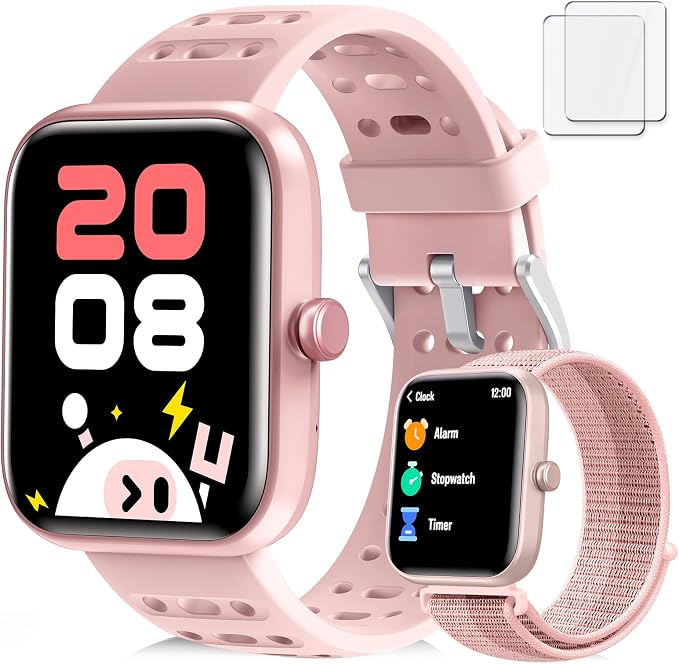 ENOMIR Smart Watch for Girls Gifts, Kids Smart Watch with Health Monitor, Activities Track & Alarm Clock Reminder, Smartwatch with Custom Design & Puzzle Games, Girls Birthday Pink (2 Bands)