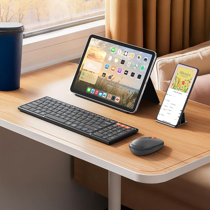 MEETION Foldable Keyboard and Mouse, Portable Folding Wireless Keyboard Mouse, Full Size Rechargeable 2.4G+Dual Bluetooth Keyboards for Business Travel, for Windows/Mac/iOS/Andriod, iPad/Laptop