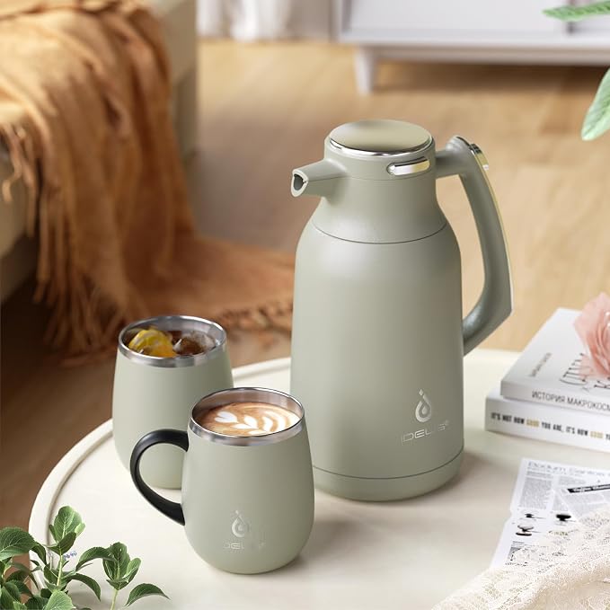 IDEUS Thermal Coffee Carafe, Stainless Steel Double Wall Insulated Vacuum Flask, Water Jug Coffee Server and Beverage Dispenser, Heat and Cold Retention (Celadon, 68, Fluid Ounces)