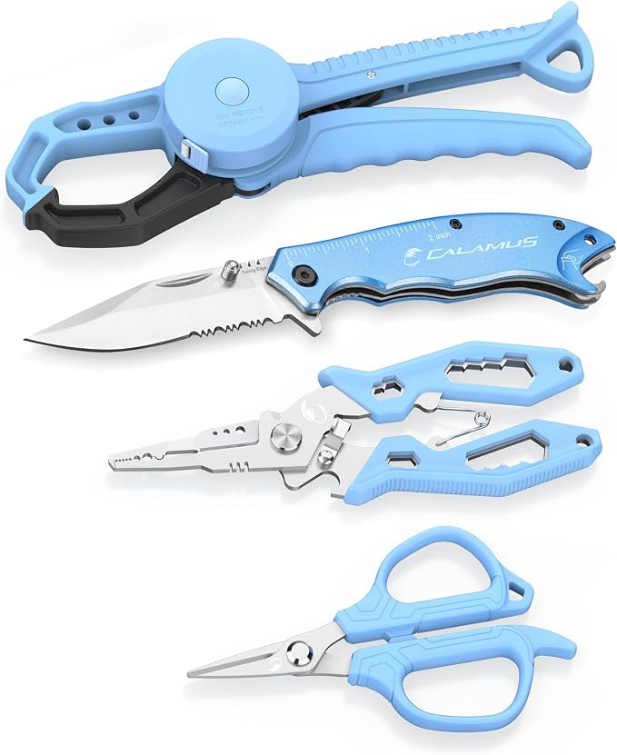 Calamus DriftWave Fishing Tool Kit – Corrosion Resistant Pliers, Lip Gripper with Soft Retractable Measuring Tape, Filet Knife, Pocket Knife,Fishing Scale, Retractor & Glove, Fishing Gifts for Men