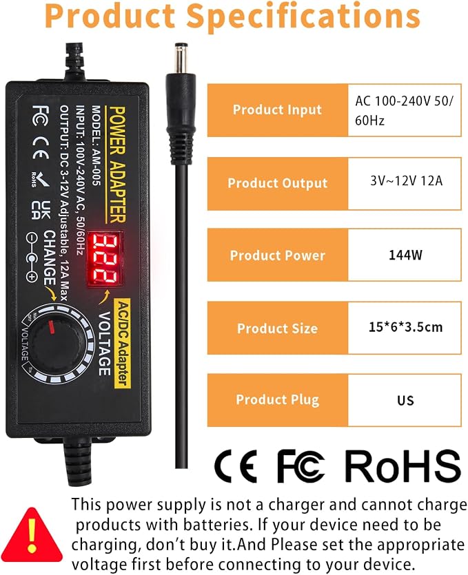 3~12V 12A 144W Adjustable Universal Power Supply Adapter, 3V 4V 5V 6V 7V 8V 9V 10V 11V 12V Variable DC Power Supply with Voltage Display 100V-240V 50-60Hz AC to DC Converter for LED Strip Light Router