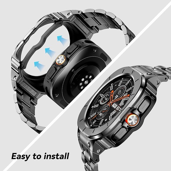 BAITEYOU Stainless Steel Bands with Case Compatible with Samsung Galaxy Watch Ultra 2/1 47mm (2025 2024), Rugged Protector Cover Metal Band for Galaxy Watch 7 8 Ultra for Men (Grey)