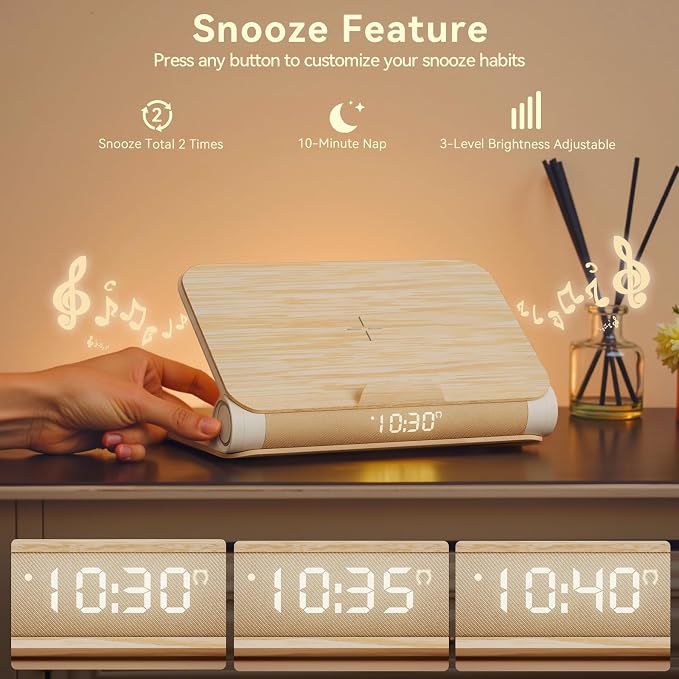 Vivilumens Alarm Clocks Bluetooth Speaker Dual Charging Wireless Bedside Lamp Night Light for Adults Teens with Book Shape Sunrise Wake Up Light for Bedroom Home Decor Gifts for Father(Wooden Grain)