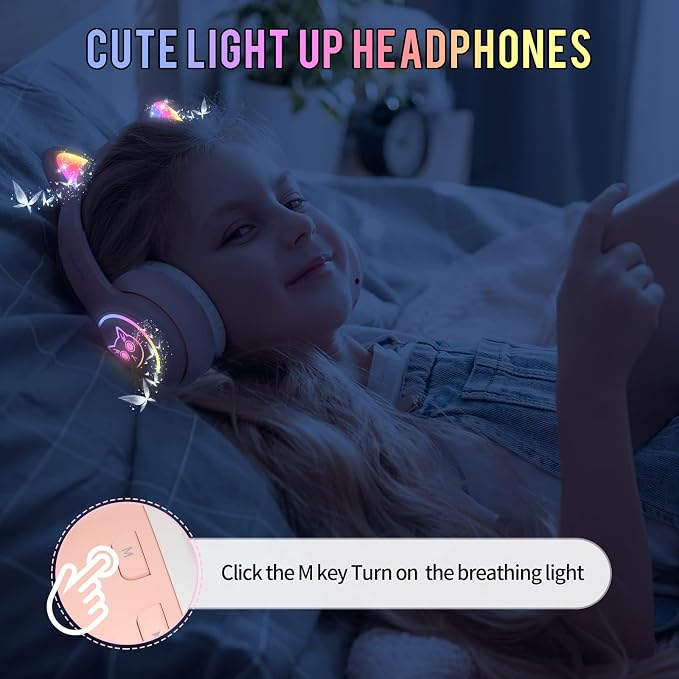 IFECCO Wireless Kids Headphones with Microphone,Foldable Cute Light Up Cat Ear Children Girls Bluetooth Headphones with Case for School Gifts Travel