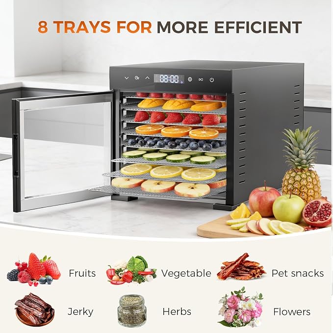 OLIXIS Food Dehydrator Machine, 500W Jerky Dehydrators with 8 Stainless Steel Large Trays, 185°F Temperature Control & 24H Timer Food Dryer for Fruit Meat Herb Dog Treats, Inky
