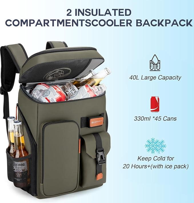 BAGPARKK Insulated Cooler Backpack,33/45 Cans Multifunctional Double Deck Leakproof Cooler Bag with Sternum Strap,Large Capacity Lightweight Travel Camping Beach Backpack