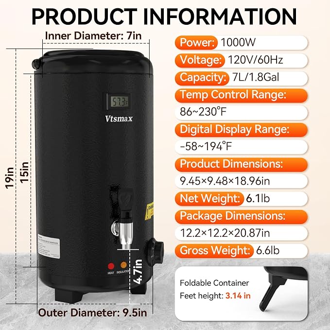Electric Insulated Beverage Dispenser with Stand 2 Gallon Hot & Cold Drink Dispenser 86-230℉ Adjustable Temperature Real-Time Temperature Display for Tea and Coffee (Black)