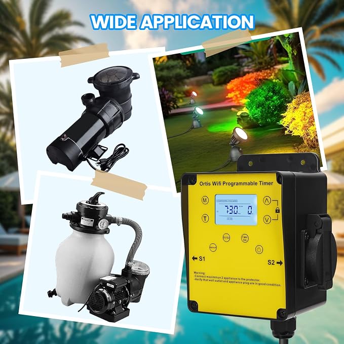 WiFi Above Ground Pool Timer Switch - Ortis Smart Pool Timer with Smart Life App Control, Dual Outlet, Realize Switch and Timing on Your Phone, for Swimming Pools Filters Pumps & Landscape Lights
