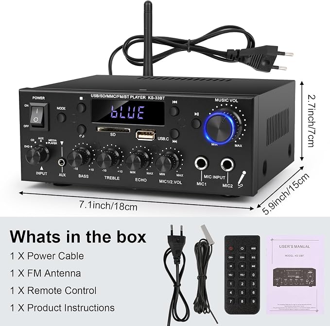 Romicta Stereo Audio Amplifier, 2 Channel 500W Bluetooth 5.0 Home Audio Stereo Receiver with FM, Echo, AUX, USB, SD, MIC Inputs, Power Amplifier for Passive Speakers and Active subwoofer
