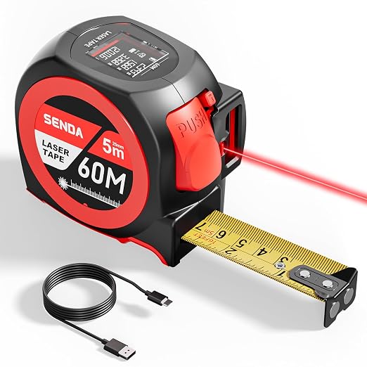 SENDA 3-in-1 Laser Tape Measure - 197Ft Rechargeable Laser Measuring Tape with 20 Data Storage & 16Ft Self-Locking Measuring Tool with Magnetic Hook - Pythagorean, Area, Volume, Ft/Ft+in/in/M Unit