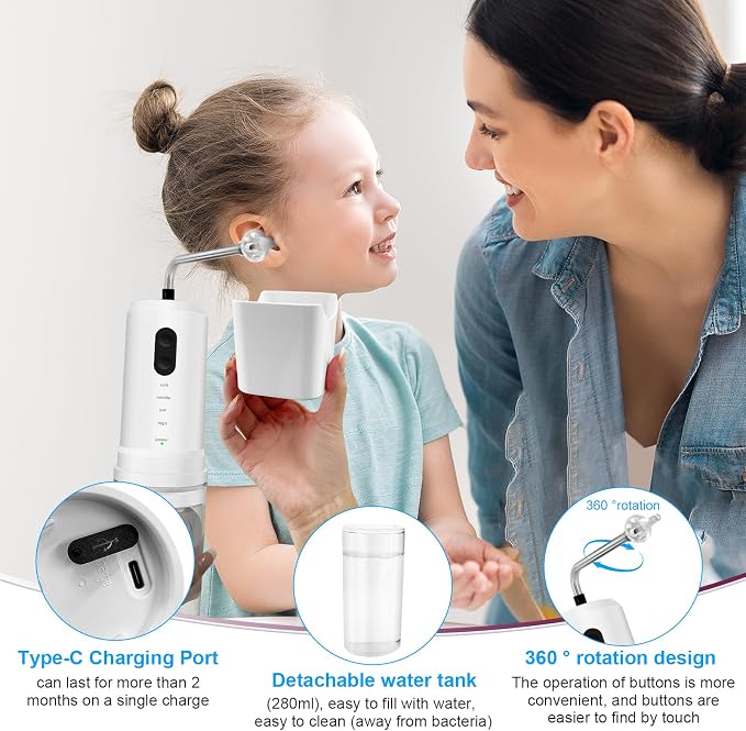 Ear Wax Removal, Electric Ear Irrigation Flushing System, Water Powered Ear Cleaner with 4 Pressure Modes, 6 Reusable Replacement Tips, Safe and Effective Ear Cleaning Tool for Adults (White)