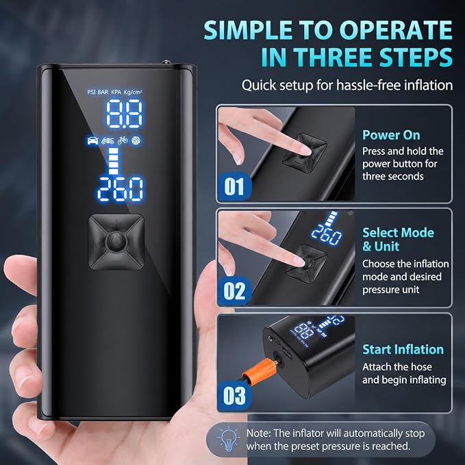 Tire Inflator Portable Air Compressor, Cordless Tire Pump with 150 PSI Digital Pressure Gauge & LED Light, 2X Fast Inflation Air Pump for Cars, Bikes, Motorcycles, Balls