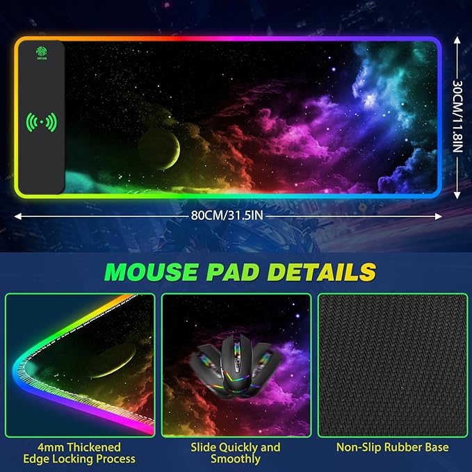 AIMSA Wireless Charging RGB Gaming Mouse Pad 15W, Extended LED Desk Mat Protector 800x300x4MM, 14 Light Modes Extra Large Mousepad Non-Slip Rubber Base Desk Mat, Nebula Universe