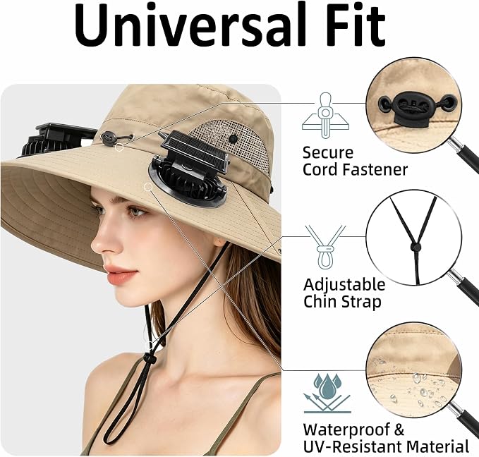 Solar Fan Hat with 2 Fans - Khaki Wide Brim Bucket Hat for Men Women, UPF 50+ Sun Hat for Fishing, Hiking