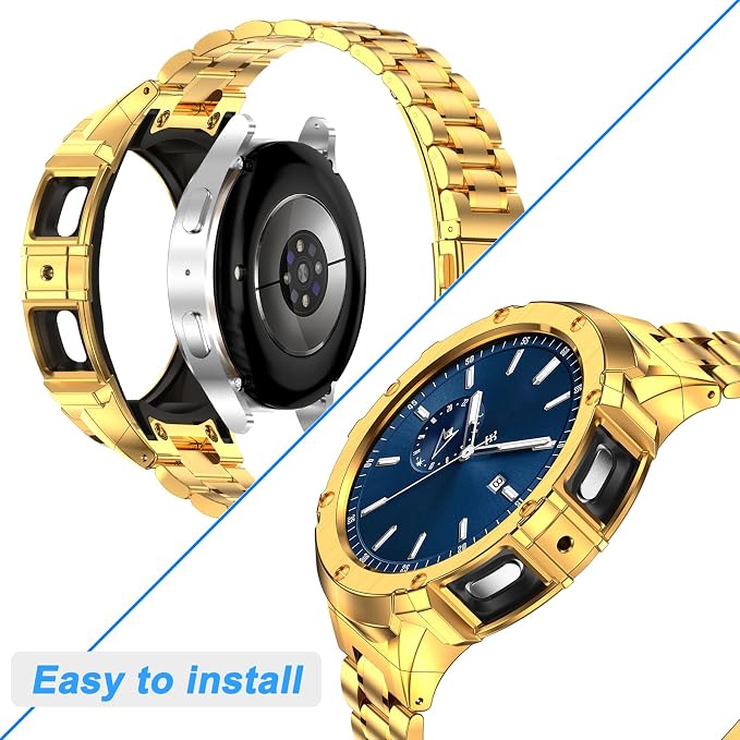 BAITEYOU Stainless Steel Bands with Case Compatible with Samsung Galaxy Watch 7 44mm, Rugged Protective Case Cover and Metal Band for Samsung Galaxy Watch 7 44mm for Men (Gold)