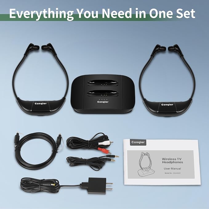 Conqier Dual Wireless Headphones for TV Watching for Seniors, 2 Headsets & 2.4GHz Transmitter, 164FT Range No Delay, Voice Enhancer & Ambient Sound, L/R Balance, Personal Volume, Hear Your TV Better