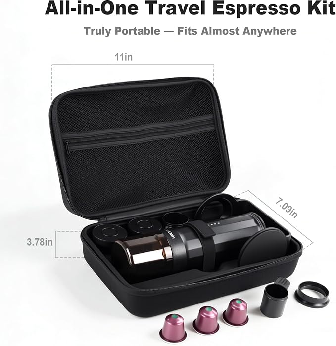 Portable Espresso Machine, Self-Heating Travel Coffee Maker with Fast Charging USB-C & Carrying Bag & Stand, for Ground Coffee & NS Capsules, for Camping, Hiking, RV, Office