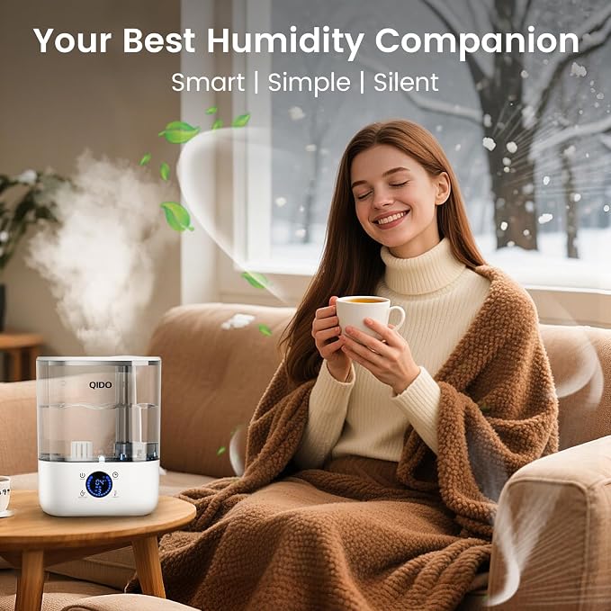 QIDO Top Fill Humidifiers for Bedroom, 5 L Cool Mist 36H Super Long Time, Quiet 28dB Essential Oil Diffuser for Baby & Plants, 3 adjustable Mist with Touch/APP/7-color Nightlight, White