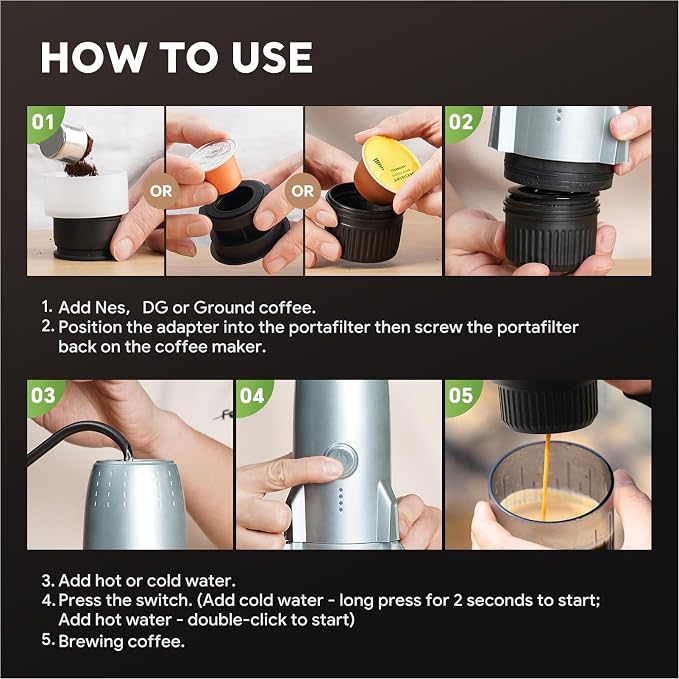 3 in 1 Portable Espresso Machine On the Go, Electric Espresso Maker Self-Heating,Mini backpacking Coffee Maker Compatible With NESPRESSO Pod,DolceGusto Pod and Ground Coffee For Travel