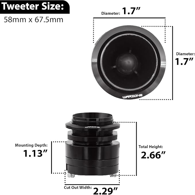 Warzone 2X WZ45TW 1.7-Inch Super Tweeter Speaker, 4 Ohm, 3000W Total Max Power, 106dB Sensitivity, Titanium Diaphragm, CCAW Voice Coil for Pro Car Audio (Pair)