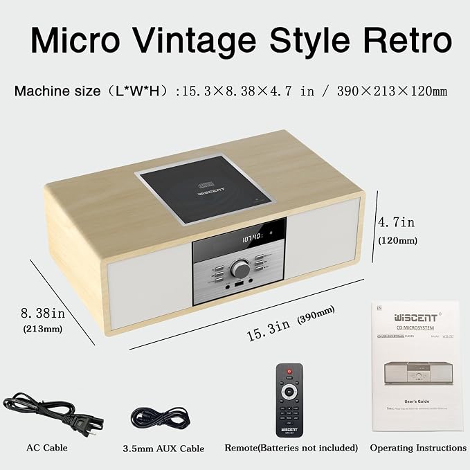 Nostalgic Bluetooth Stereo System for Home, WISCENT Vintage Micro HiFi Systems CD Player,with Bluetooth Audio Streaming,FM Radio,USB Port,Aux-in,Earphone Port (Wood Color)