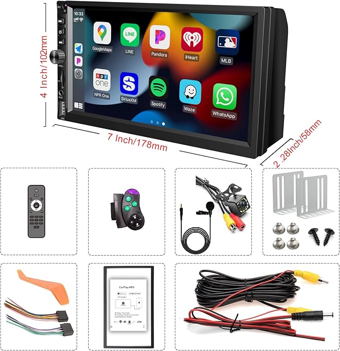 Wireless 7 Inch Double Din Car Stereo with Apple Carplay,HD 1024 * 600 Touch Screen,FM Car Radio Receiver with Bluetooth 5.1 Hands-Free,GPS Navigation,Backup Camera,Android Auto,USB/AUX/TF/SWC/EQ