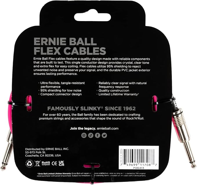 Ernie Ball Flex Instrument Cable Straight/Straight 10ft - Pink