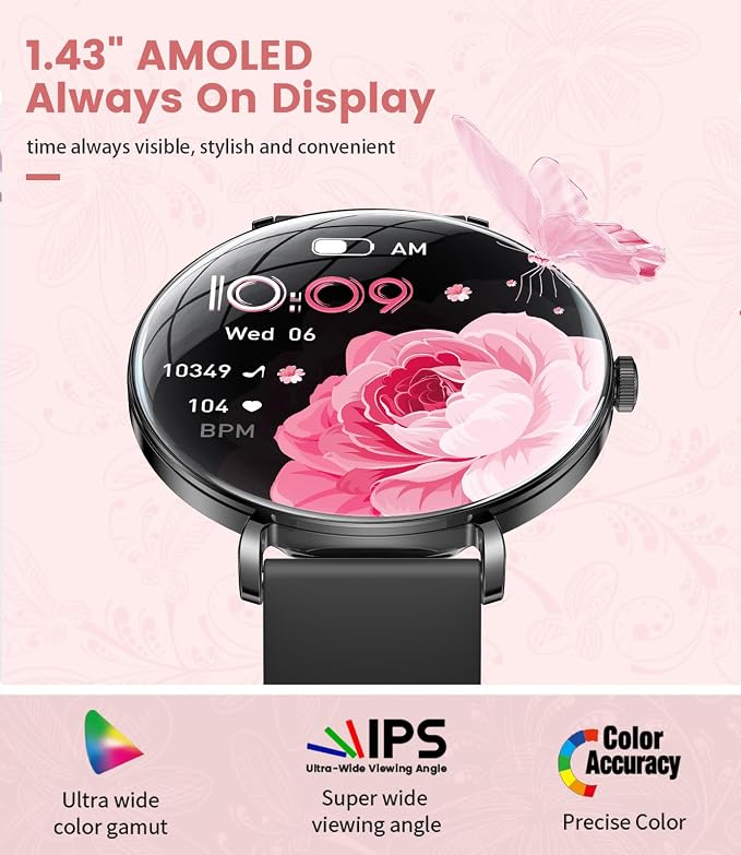 LIGE Ultra-Thin Smart Watch for Women(Answer/Make Calls),1.43" Fitness Tracker Watch with Heart Rate,Clories Tracker 100+ Sports Modes,Always-on Display Women Smartwatch for Android iOS(Black-FV17-H)