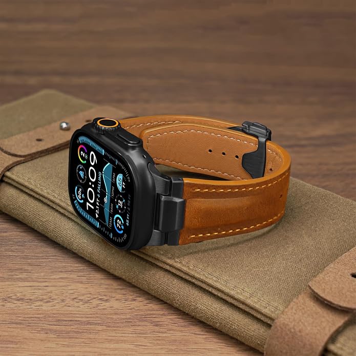 Vintage Genuine Leather Band for Apple Watch Ultra 49mm (2026 Upgrade), Rugged Replacement Strap Compatible with iWatch 46mm 45mm 44mm - for Men Women, Fit Ultra3/2/1, SE 3/2/1, Series11 10/9/8/7/6/5/4