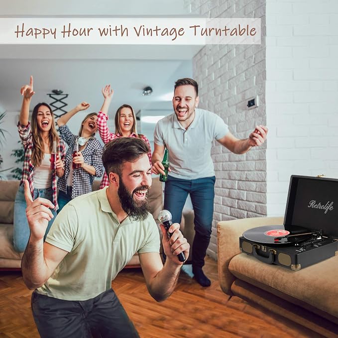 Retrolife Vinyl Record Player 3-Speed Bluetooth Suitcase Portable Belt-Driven Record Player with Built-in Speakers RCA Line Out AUX in Headphone Jack Vintage Turntable,Black