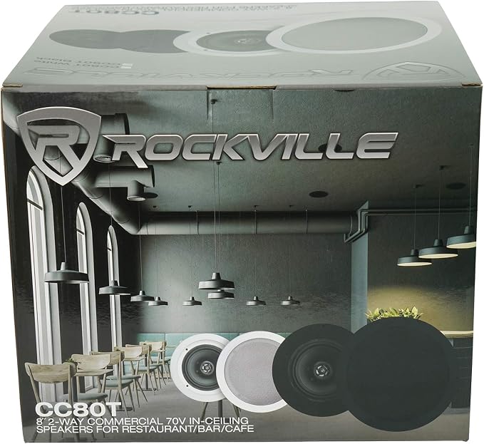 Rockville Pair CC80T Black 8" 70V Commercial Ceiling Speakers | Selectable 20w, 15w, 10w, 5w, 2.5w, 70V Taps, 50W 8-Ohm Mode, Swivel Tweeter, Paintable Flush Grilles for Restaurant