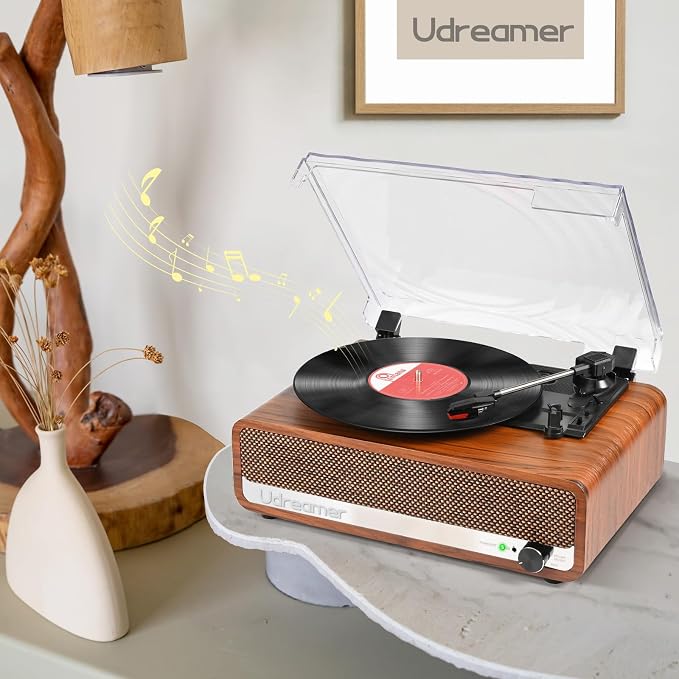 Vinyl Record Player with Speakers,3 Speed Turntable with Latest Bluetooth 5.3, Aux Input, Headphone Jack, RCA Output and Auto Stop, Mirror Vintage Wooden Brown