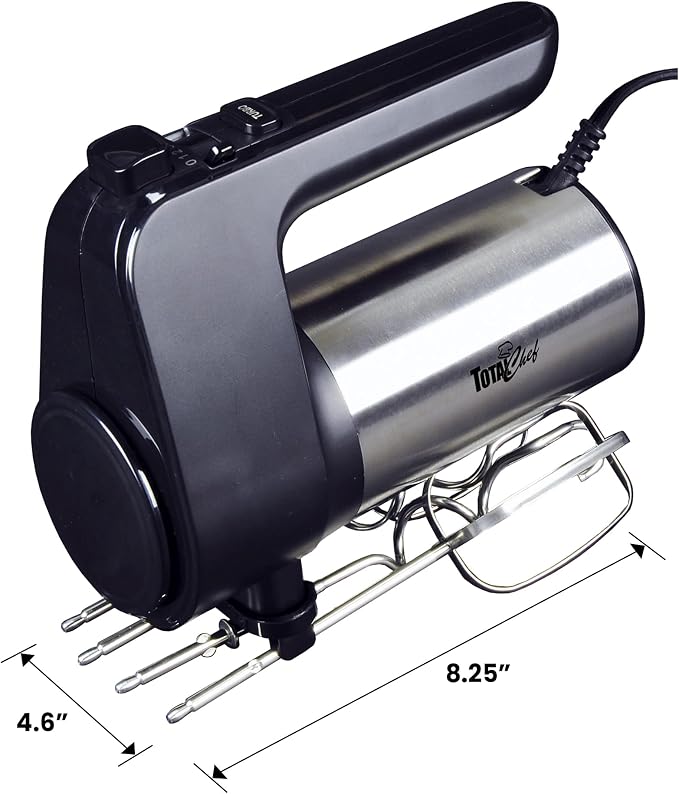 Total Chef TCHM02 6-Speed Hand Mixer, 250 Watts with Turbo Boost, Beaters and Dough Hooks,Multi-Function Mixing Stainless Steel, Countertop, Black/Gray