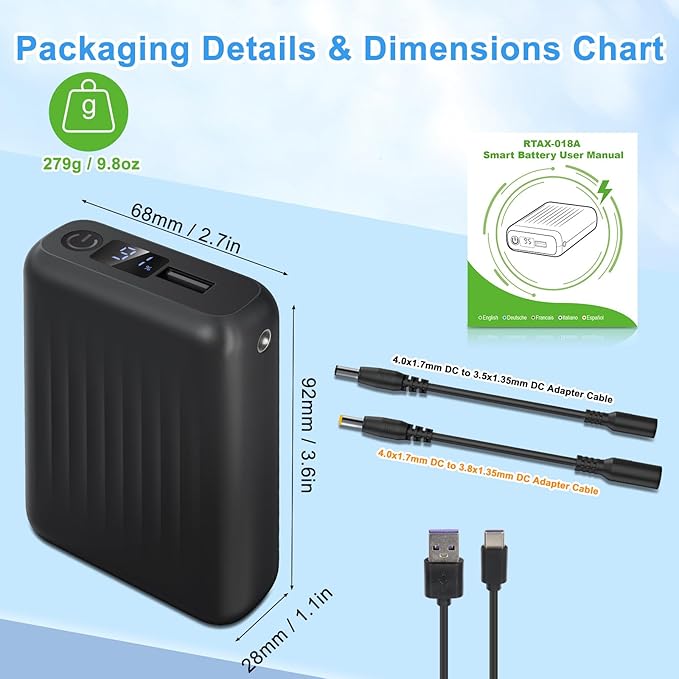 Battery Pack for Heated Vest,Heated Vest Battery Pack 18400mAh 5V, 7.4V, 9V, 12V Rechargeable Power Bank for Heated Vest, Heated Jacket with DC/USB/Type-C Output LED Display