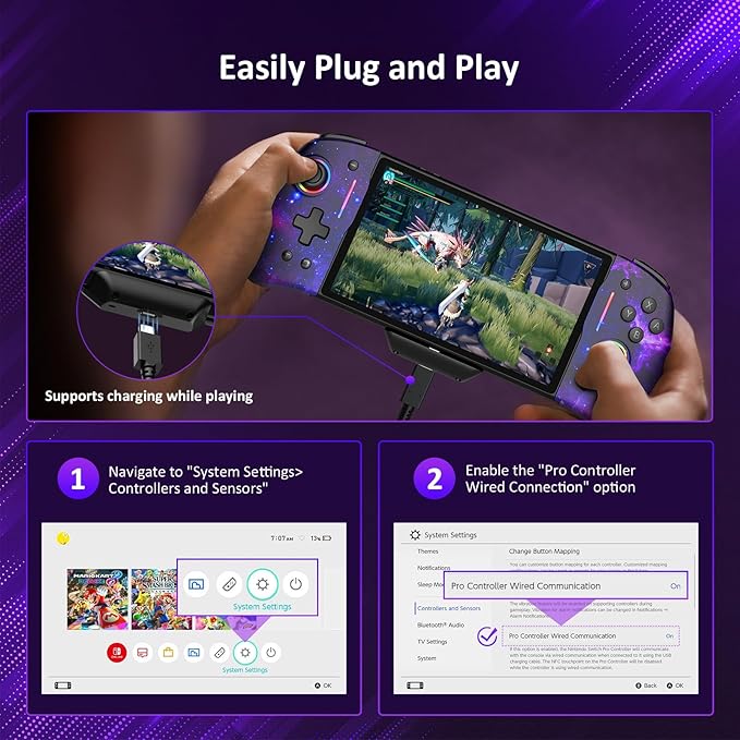 NexiGo Hall Effect Gripcon (No Drift, No Deadzone) with Hall Sensing Joystick for Switch/Switch OLED, Adjustable RGB Light, 6-Axis Gyro, Turbo, Mapping (Cosmic Nebula)