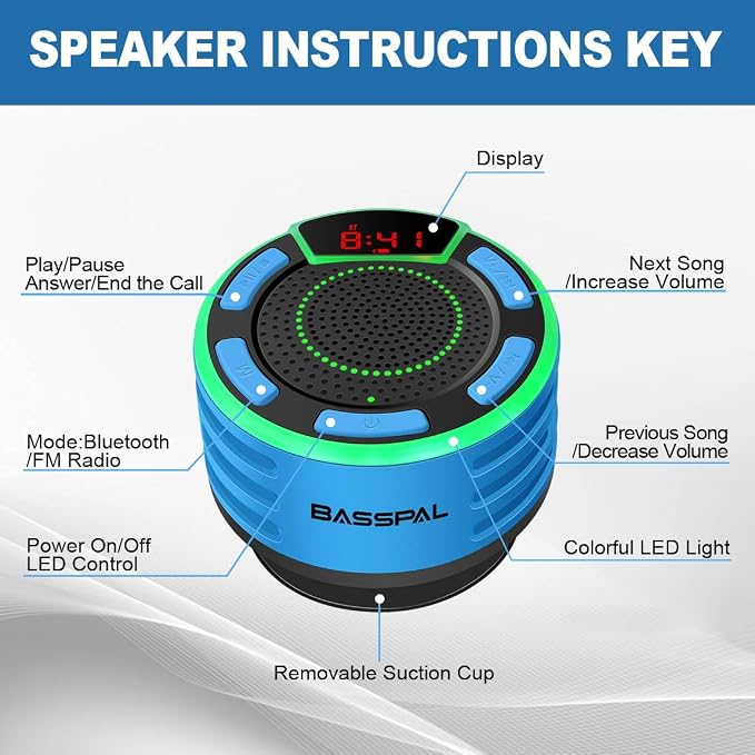IPX7 Waterproof Speaker, Bluetooth Portable Wireless Shower Speakers with LED Display, FM Radio, Suction Cup, Light Show, TWS, Loud Stereo Sound for Pool Beach Home Party Travel Outdoors