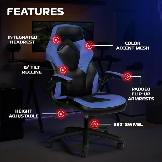 RESPAWN 3085 Ergonomic Gaming Chair for Adults, High Back Office Chair with Headrest and Flip Up Arms, Leather Racing Style Gaming Seat with Lumbar Support, Video Game Computer Desk Seat - Blue