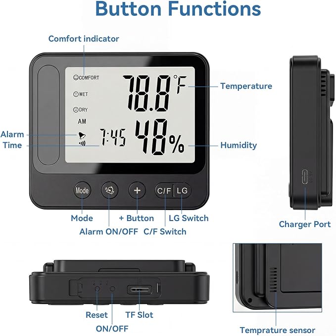 Hidden Camera Thermometer Hygrometer, 4K Discreet Nanny Camera - WiFi Remote View, Night Vision, Motion Detection,3-in-1 Wireless Spy Camera for Home/Office/Pet (Black)