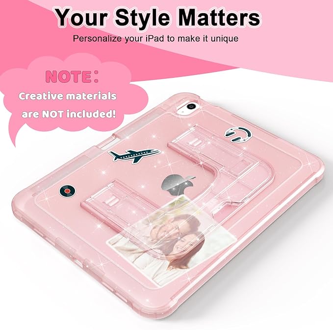 CCMAO Case for iPad (A16) 11th 11" 2025, iPad 10th Generation 2022 with Pencil Holder & Kickstand, Shockproof Protective Slim Thin iPad Case with Glitter Back Cover, Pink Glitter