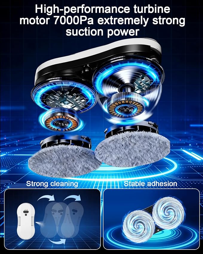 Automatic Window Cleaning Robot for High Windows with 3000Pa Strong Suction, Dual-Nozzle, Power Failure Protection & Safety Rope, 10 Double-Sided Replacement Cloths