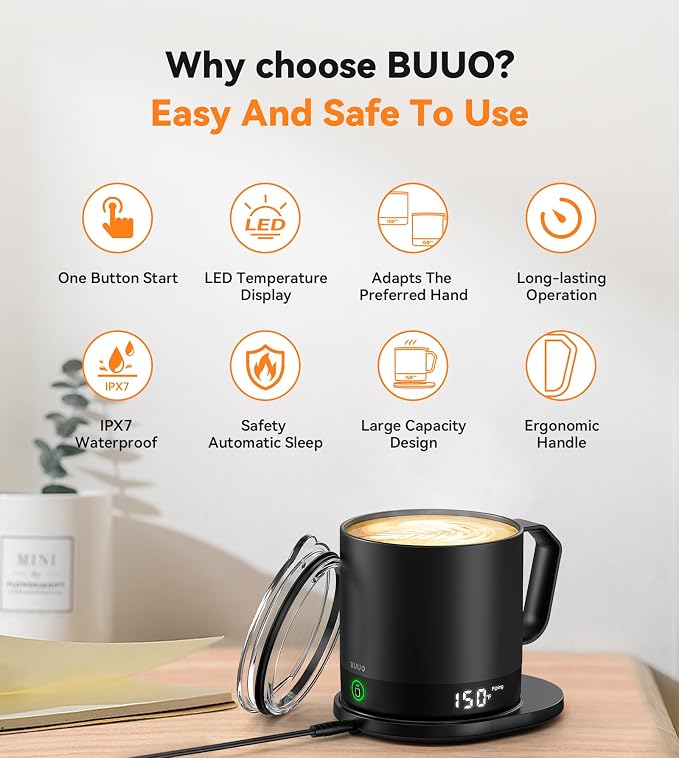 Heated Coffee Mug 14oz, Rechargeable Temperature Control Mug with Lid
