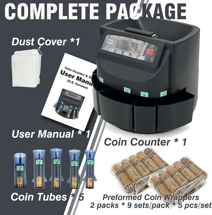 USD Coin Counter Machine with LCD Display,Coin Sorter and Wrapper Machine,Sorts 1¢5¢10¢25¢$1 up to 300 Coins/min,2000-coin Capacity,Business Grade,5 Bins&5 Tubes,Automatic Wrapper (Black)
