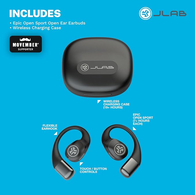 JLab Epic Open Sport Earbuds, Black, Wireless Open-Ear Audio Freedom Effortless Fit, Safe Listening, Bluetooth Multipoint, Customize with the App