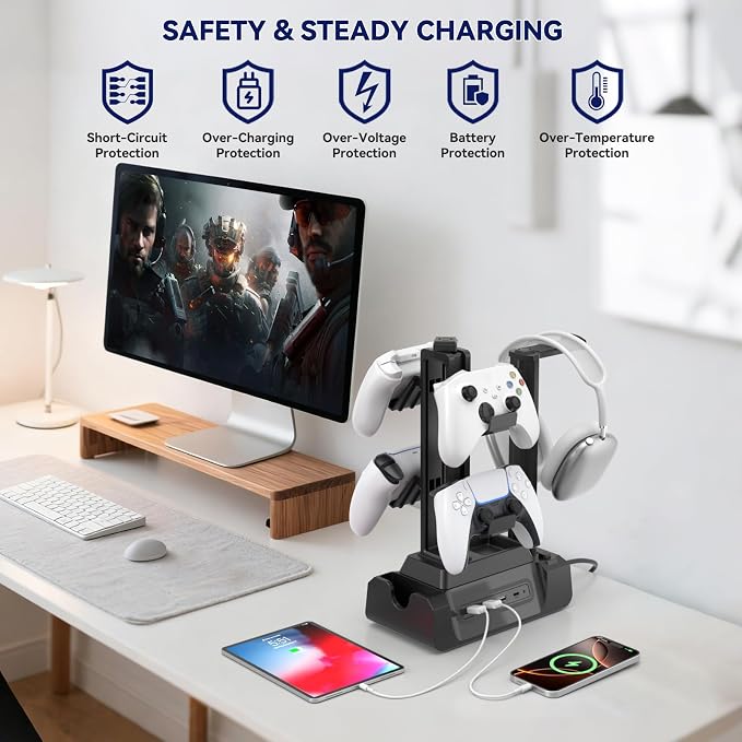 KDD Headset Controller Stand with USB A&C Charger Ports & Charging Station for Multiple Devices with Controller Headset Stand