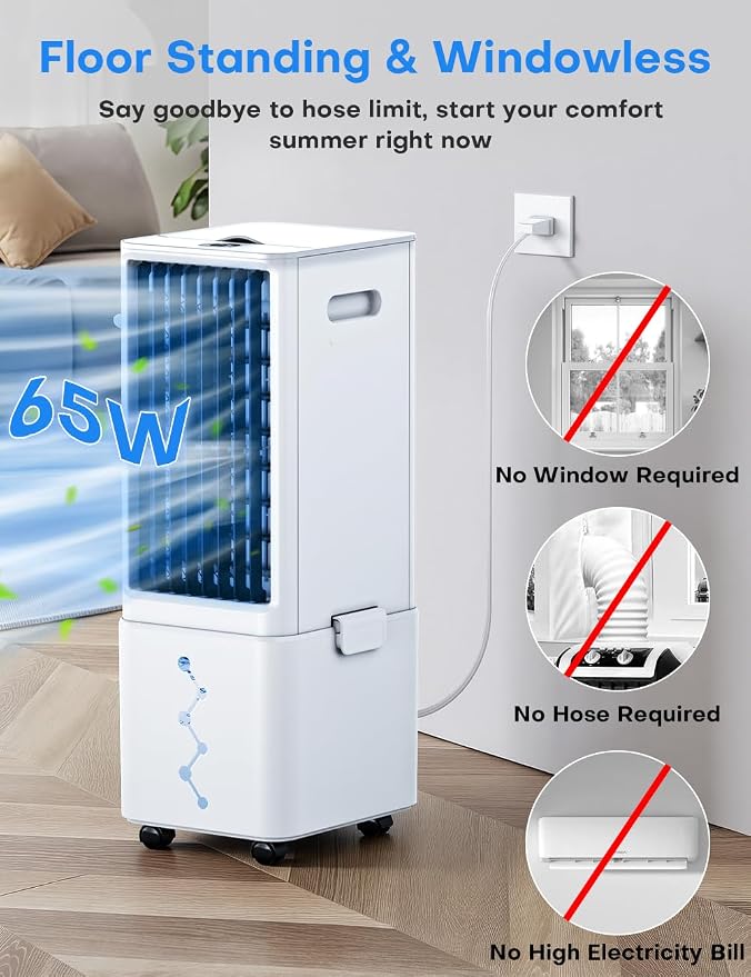 Windowless Air Conditioner w/4 Mode&3 Speed, Waterless Alert, 2.4-Gal Tank for 24H Cooling, 12H Timer,20FT Remote, 70ยฐ Auto Swing Evaporative Air Cooler, Portable Air Conditioners for Bedrooms