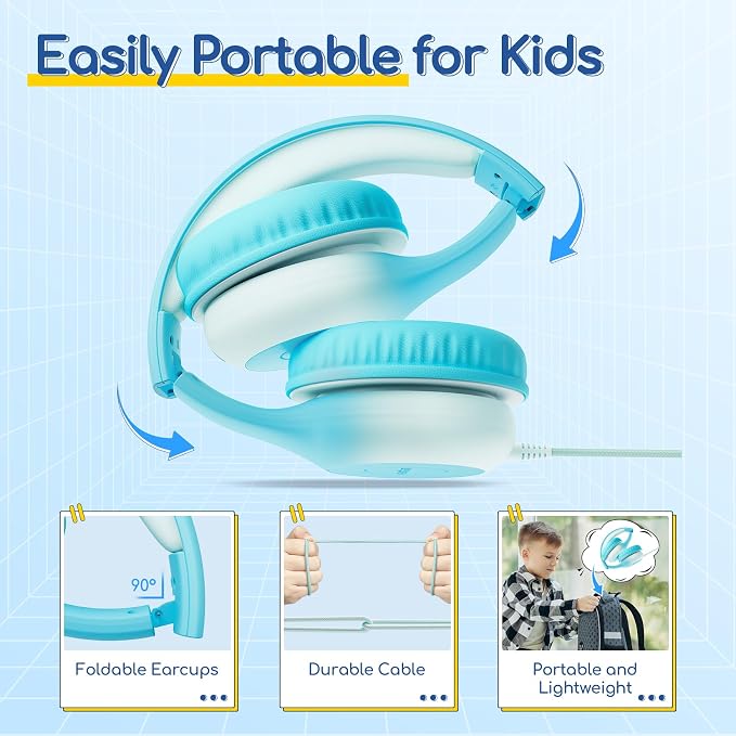 EarFun K1 Kids Headphones Wired with Microphone, 85/94dB Volume Limit Headphones for Kids, Portable Wired Headphone with Shareport, Stereo Sound Foldable Headset for School/Tablet/iPad, Sky Blue