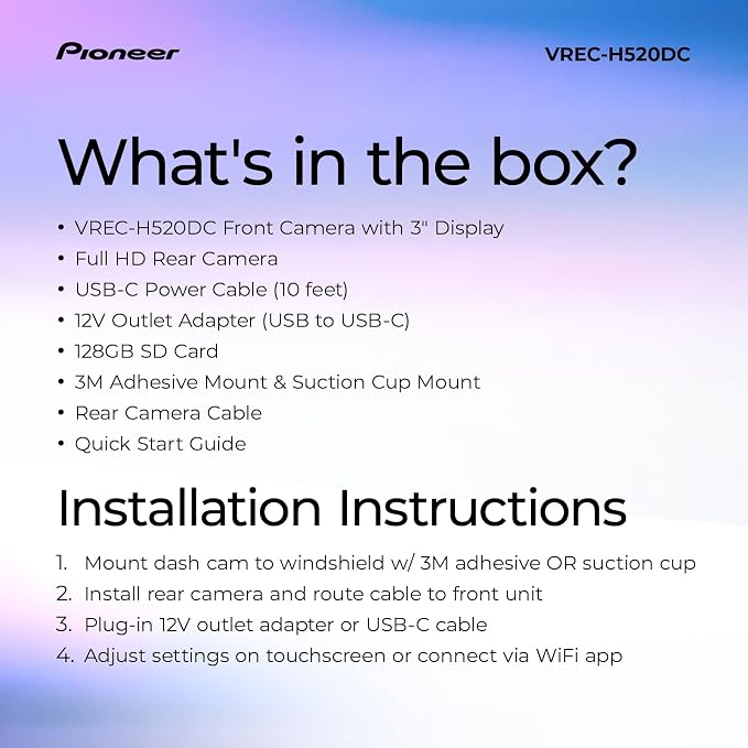 Pioneer VREC-H520DC Dual Dash Cam Front and Rear Car Camera - Large Screen, 2K Resolution, Starvis Night Vision, 140 Degree Wide Lens, ADAS Safety Alerts, Built In GPS, Impact Detection, 24/7 Coverage